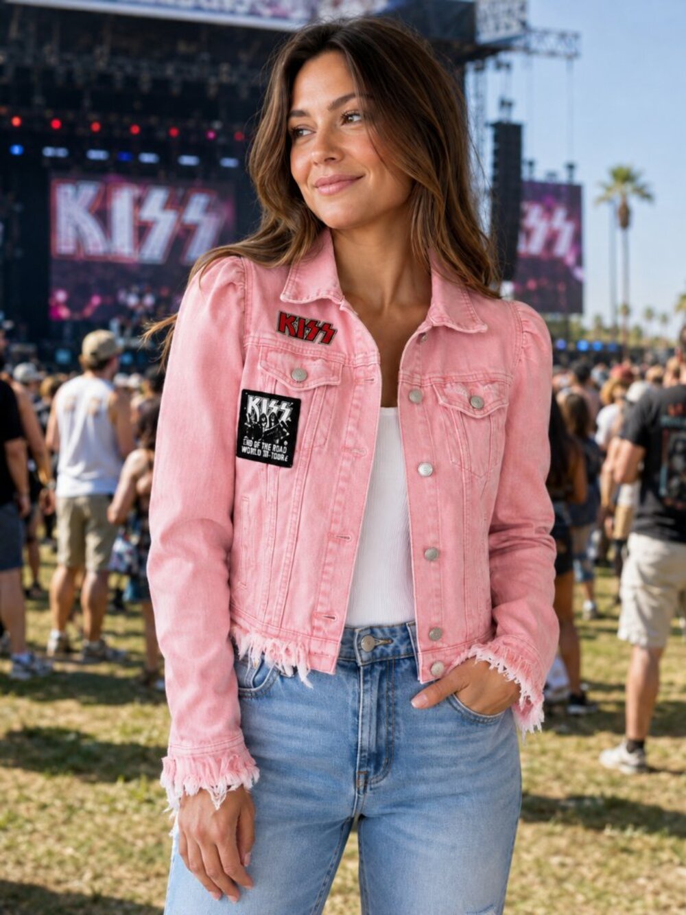 ZARA x KISS Pink Distressed Denim Jacket Women’s X Small